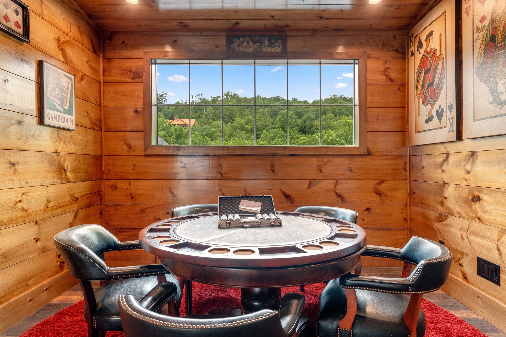 Excalibur private poker room with full-size poker table and TV, luxury lodge