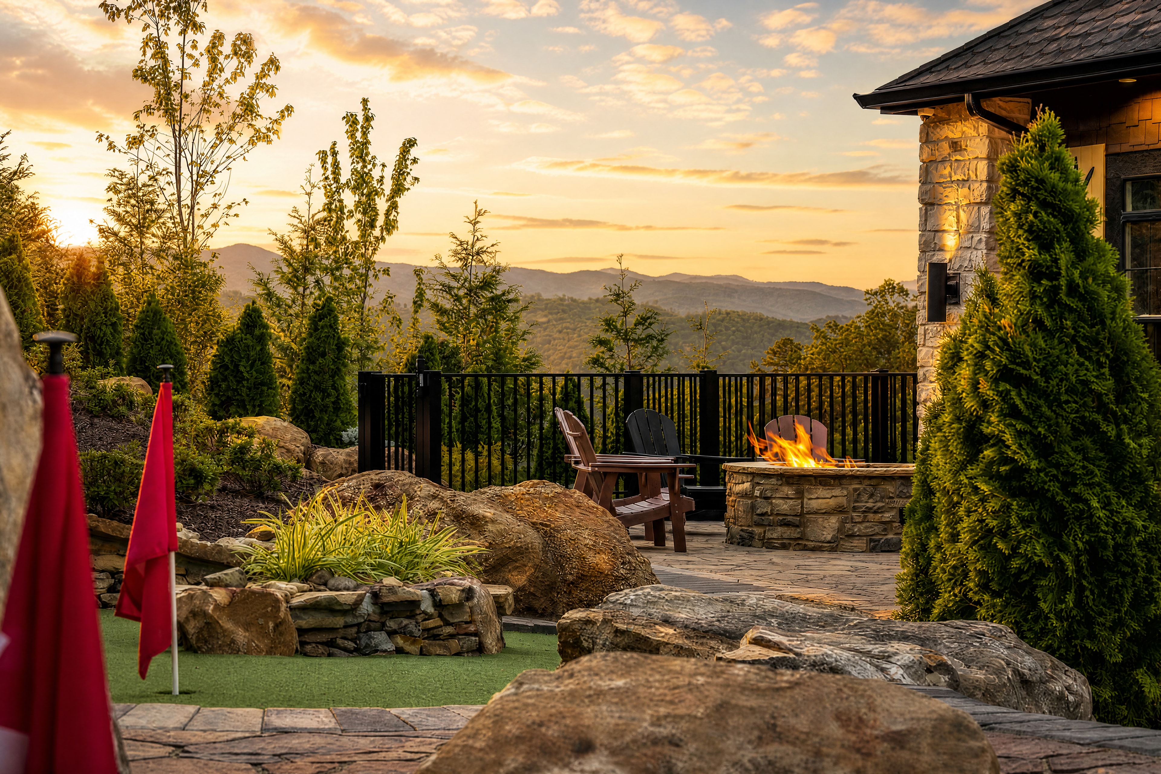 Fire pit patio beside the Excalibur putt-putt course at golden hour with Smoky Mountain panorama