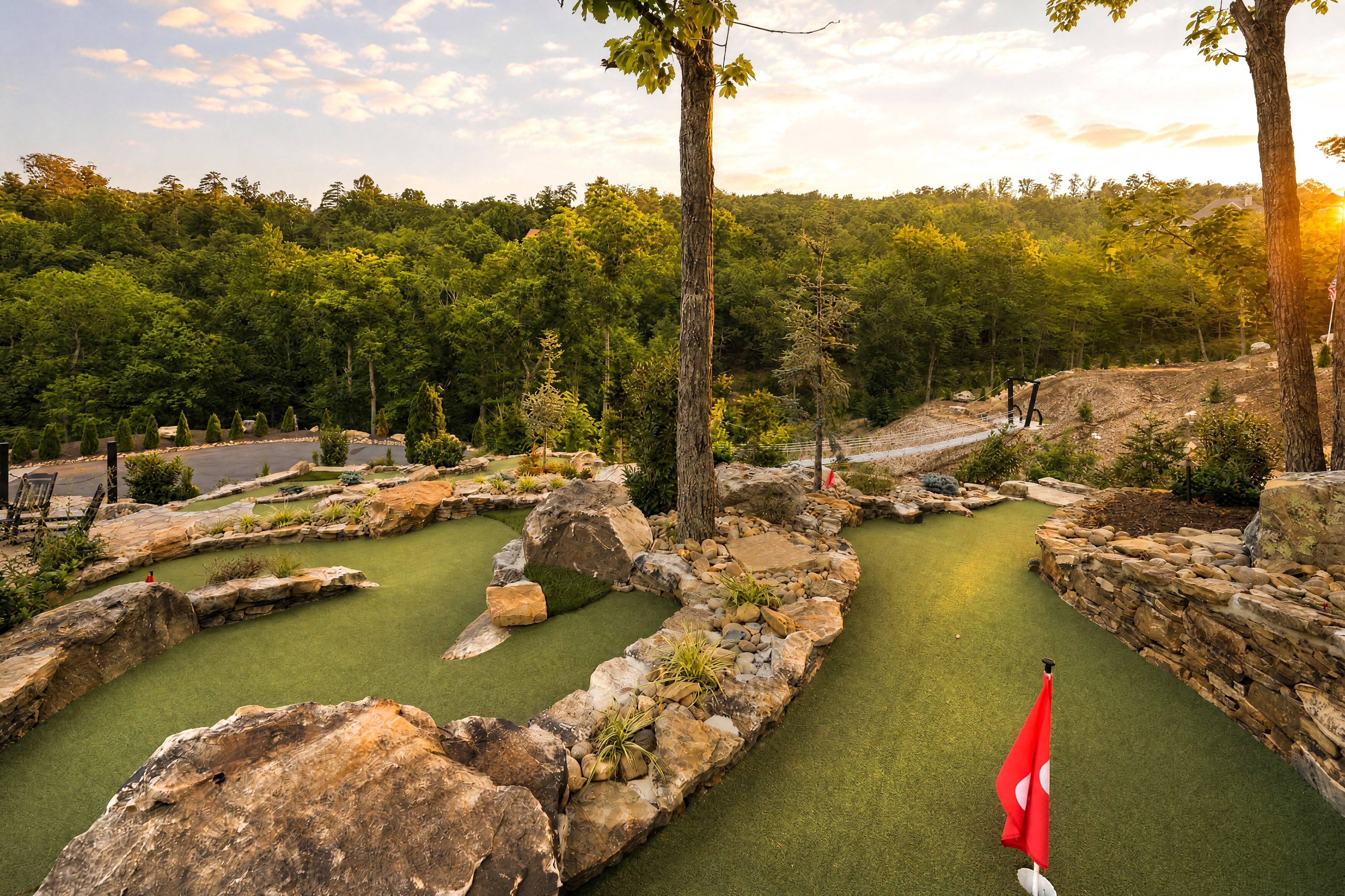 Excalibur private 9-hole lighted putt-putt golf course with waterfall, luxury lodge