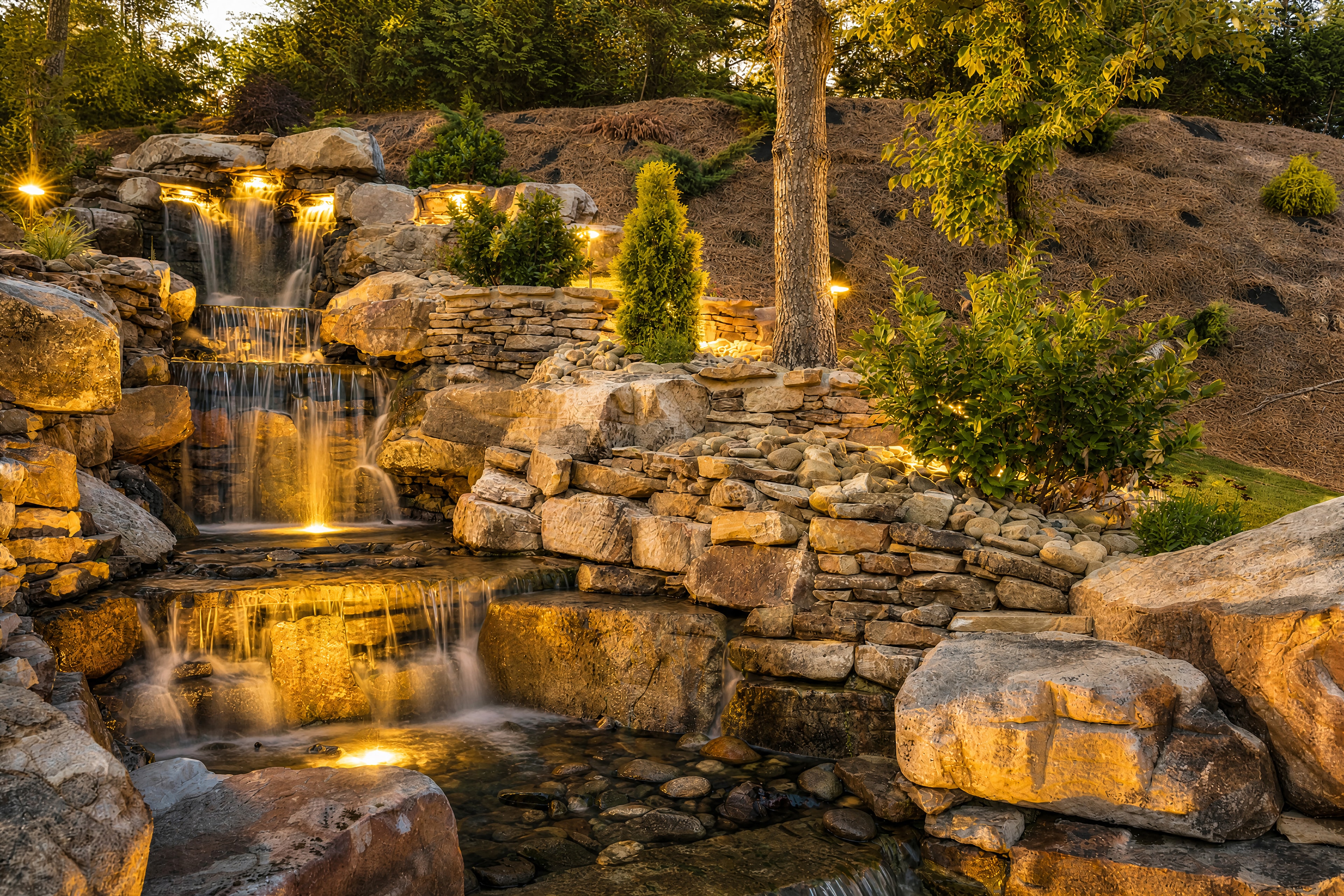 Illuminated multi-tier waterfall feature on the Excalibur putt-putt course at dusk, stone walls and landscape lighting