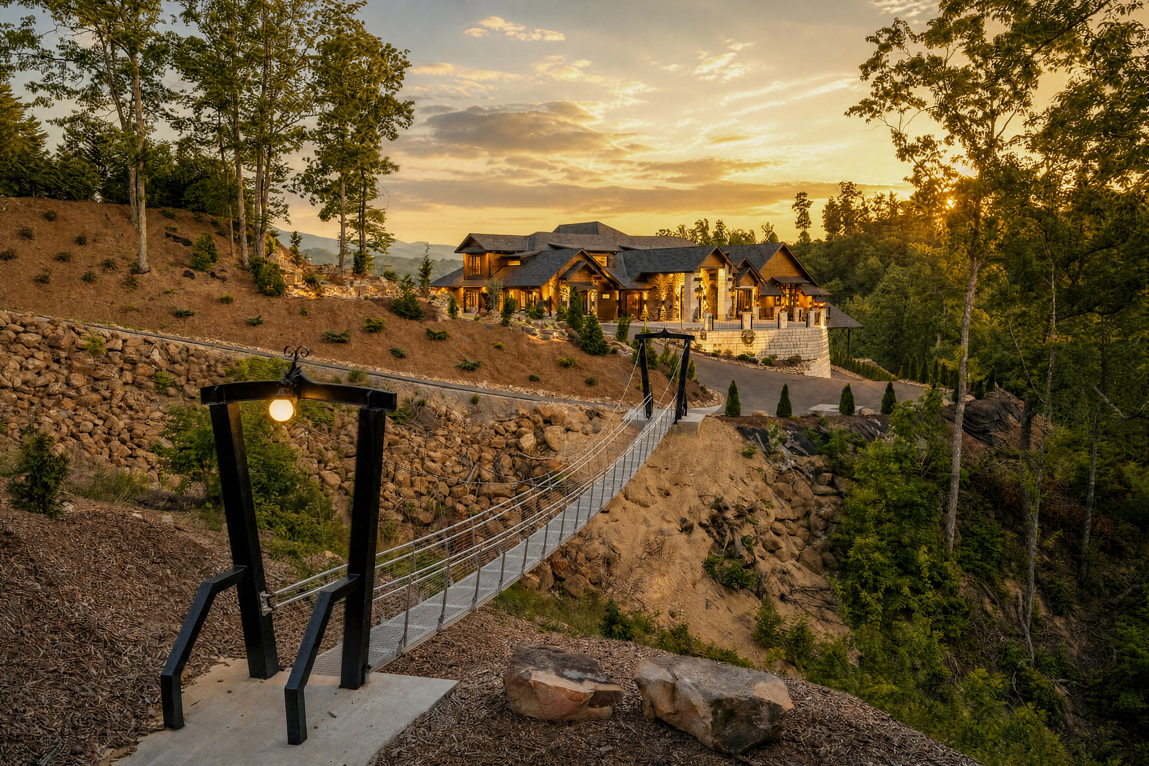Excalibur 100-foot private swinging skybridge and nature trail, Smoky Mountains luxury lodge