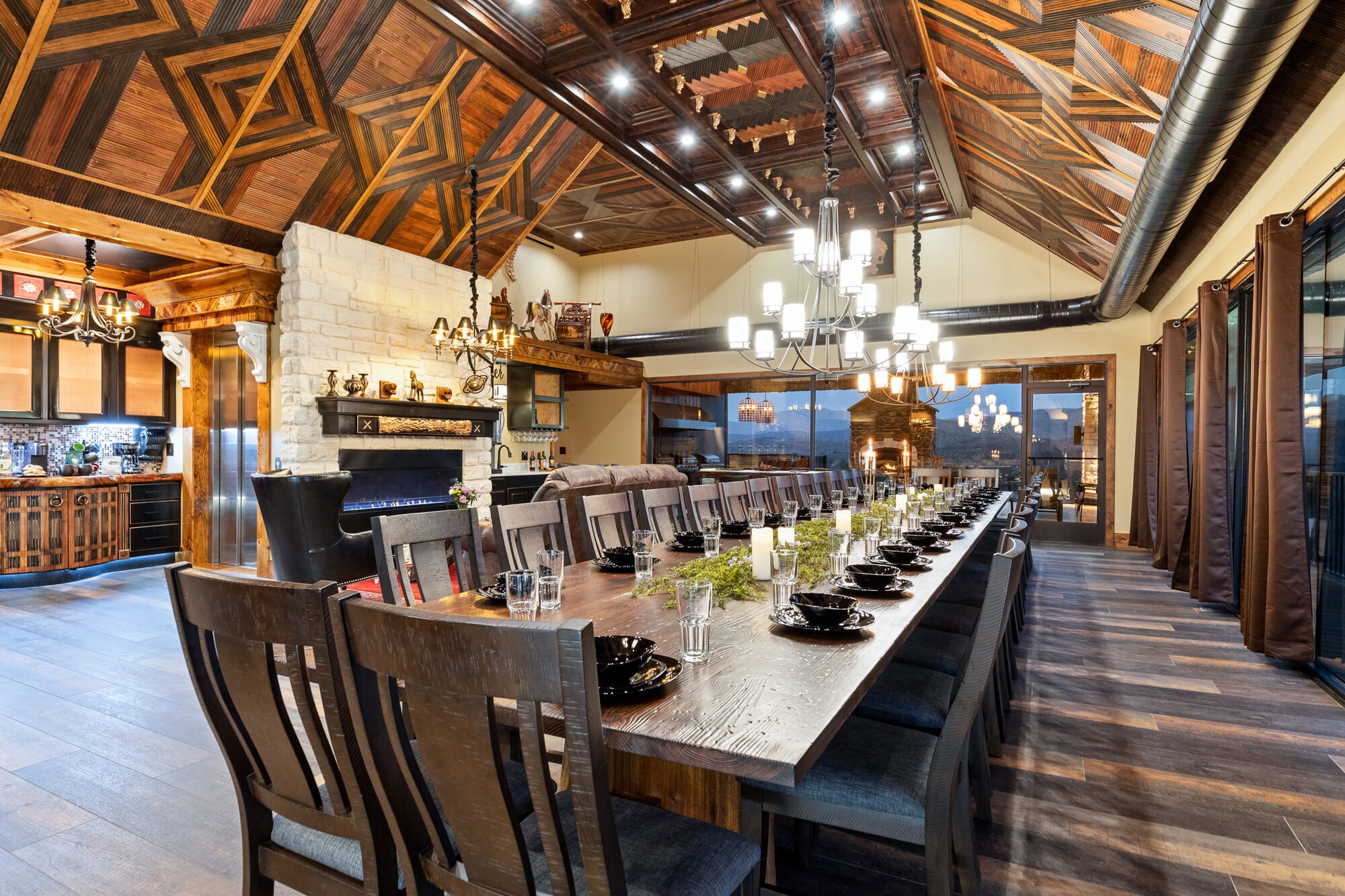 Luxury dining room with geometric wood ceiling, large group banquet dining